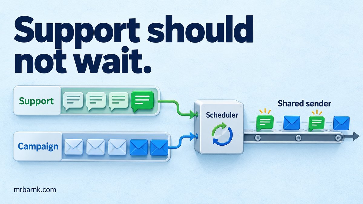 Separate support and campaign queues share a scheduler so live replies receive capacity without starving bulk work.