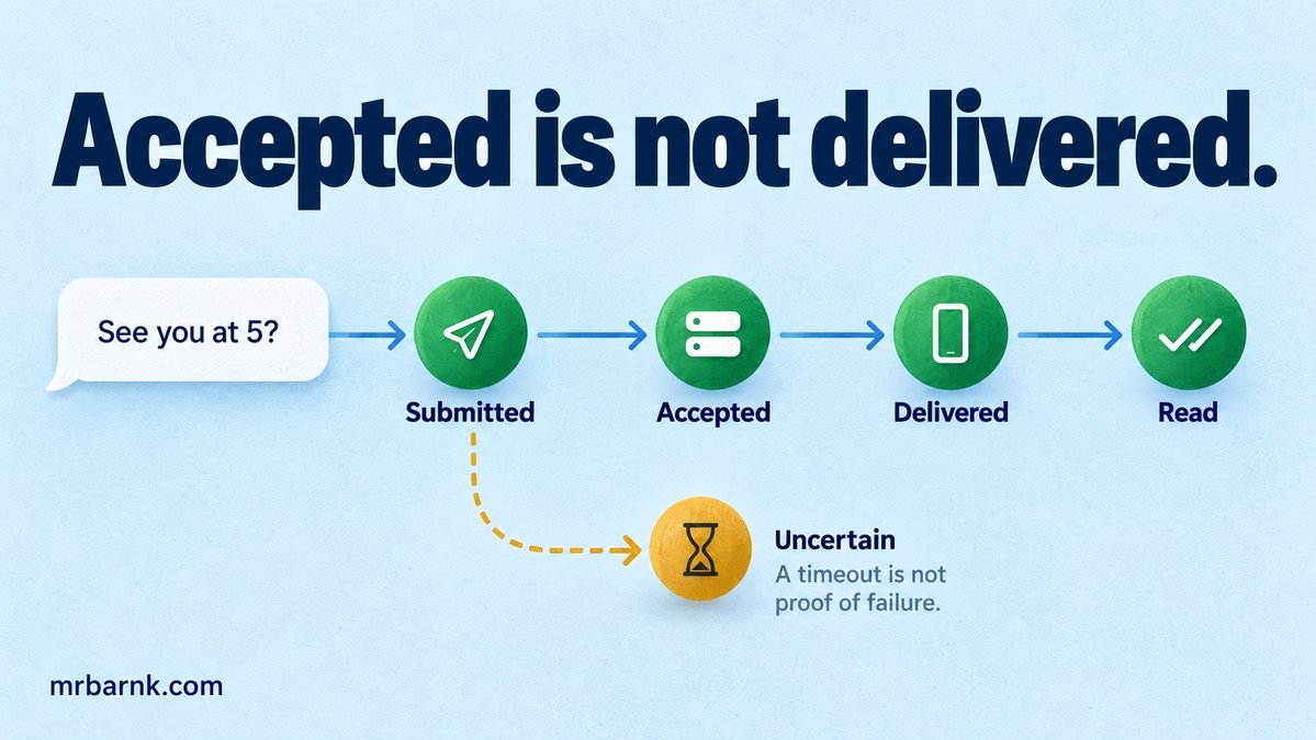 Message submission, acceptance, delivery and read states are separate; a send timeout remains uncertain.