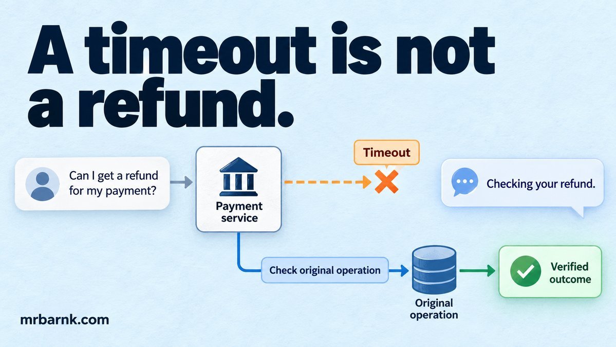 A timed-out refund is checked through the original operation before its outcome is reported.