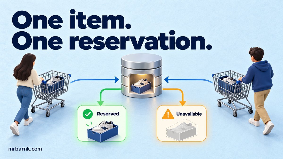 Two customer carts compete for one item, with one successful atomic reservation.
