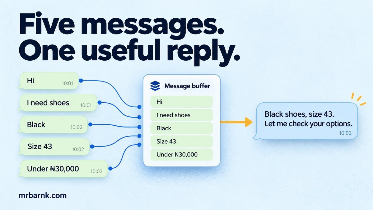 Five customer messages collected in a message buffer before one useful bot reply.