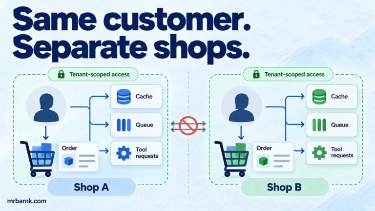Trusted tenant context keeps two shops separate across customer data, caches, queues and tools.