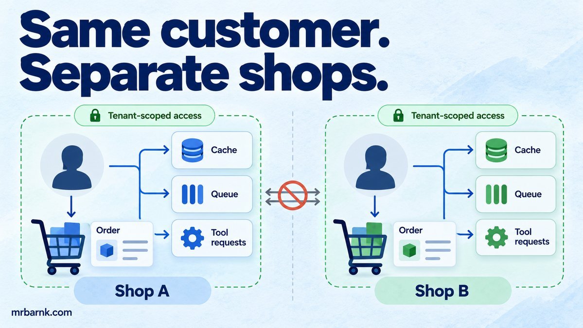 Trusted tenant context keeps two shops separate across customer data, caches, queues and tools.