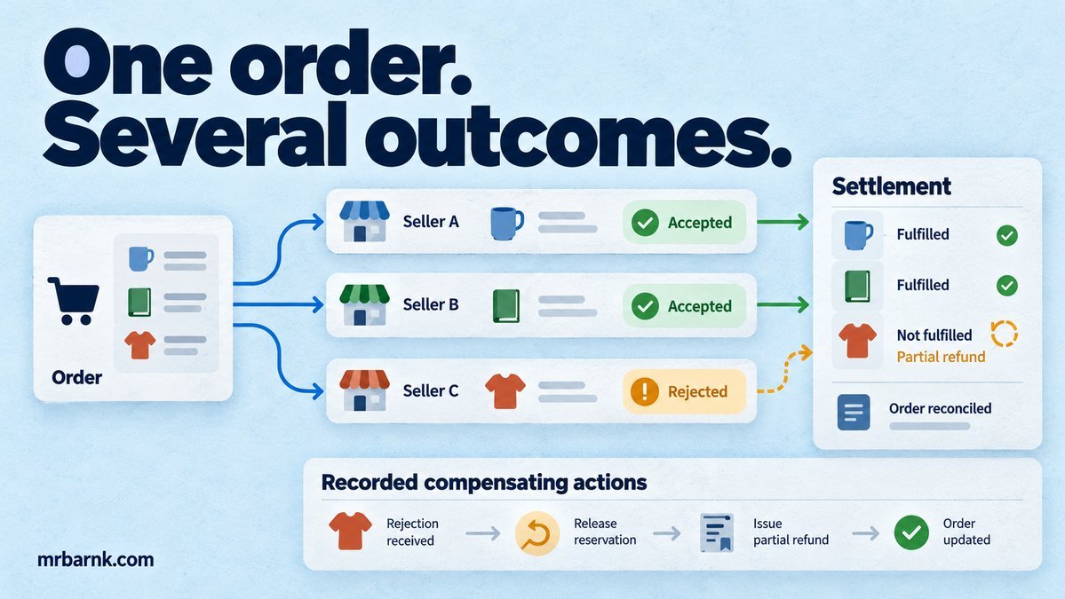 Three seller order lines lead to accepted fulfilments and a partial refund for the rejected line.