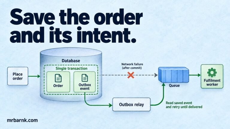 An order and outbox event commit in one database transaction before a relay publishes the event.