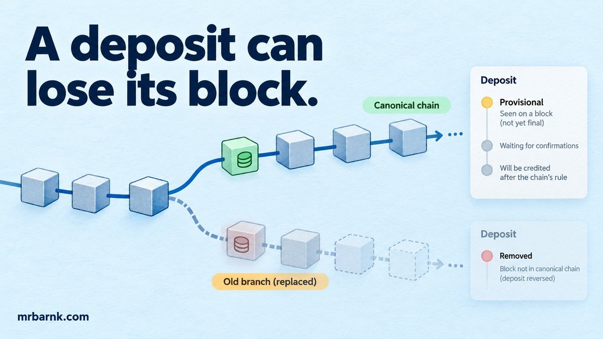 A blockchain reorganisation replaces a provisional deposit block and its ledger effect.